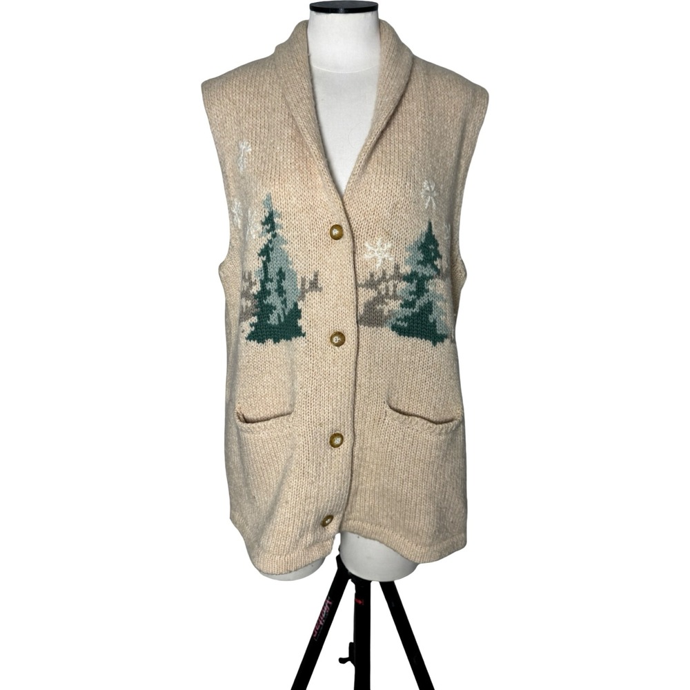 Eddie Bauer Legends Wool Knit Ski Scene Sweater Vest Women's L Beige Vintage